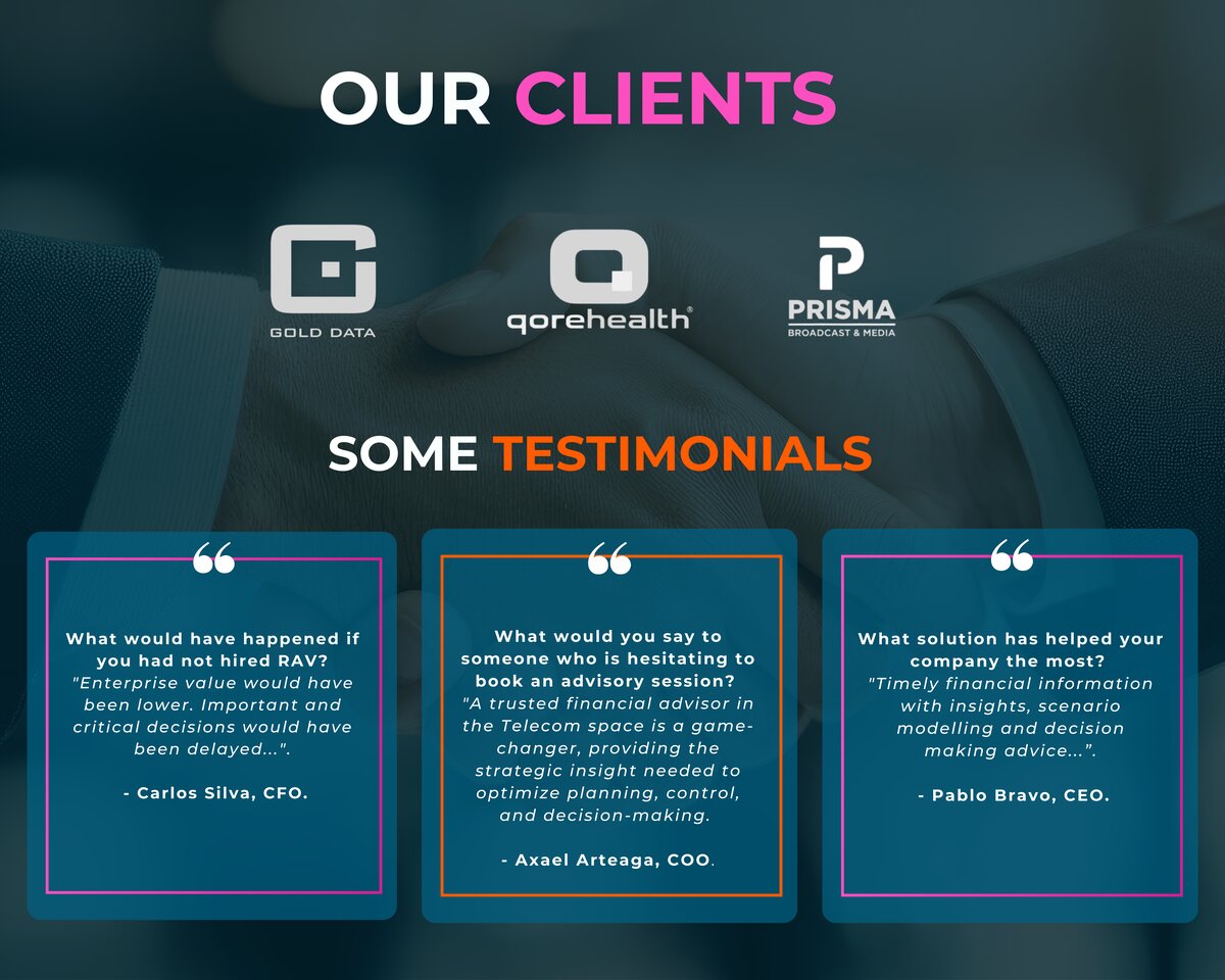 Our Clients & Testimonials — Gold Data, qorehealth, Prisma. Testimonials from Carlos Silva (CFO), Axael Arteaga (COO), and Pablo Bravo (CEO).