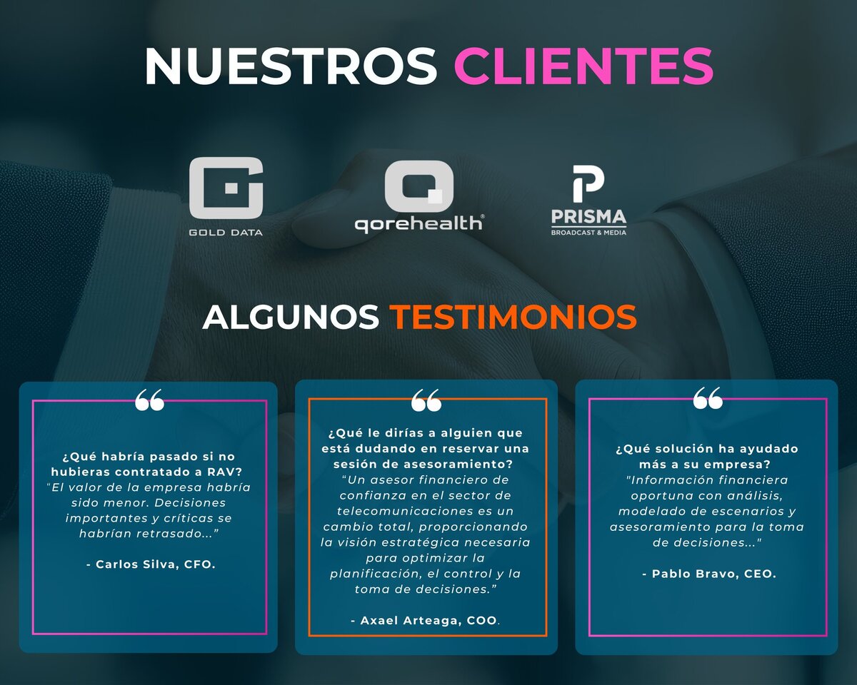 Nuestros Clientes y Testimonios — Gold Data, qorehealth, Prisma. Testimonios de Carlos Silva (CFO), Axael Arteaga (COO) y Pablo Bravo (CEO).